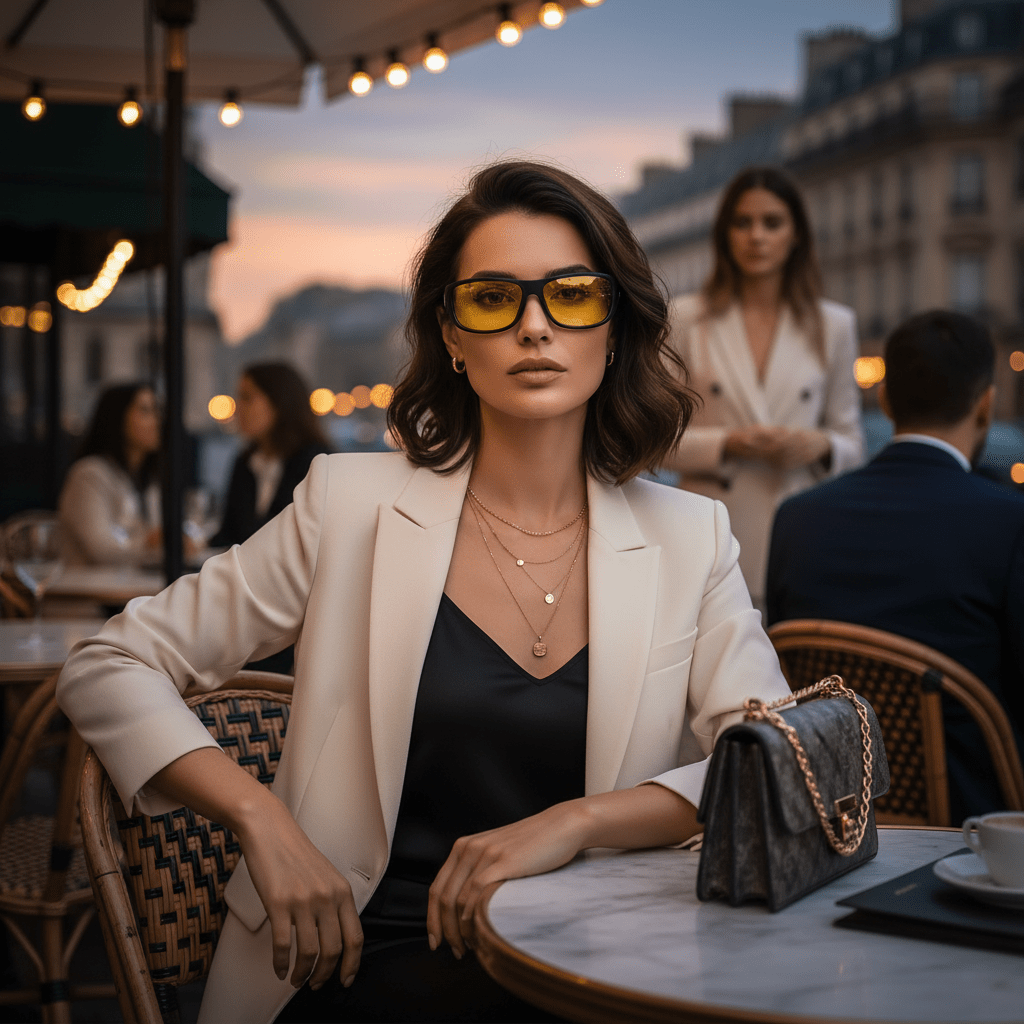 Femme portant les lunettes Vitrex Jaune – verres jaunes vision nocturne, style sport chic, Aura Vision