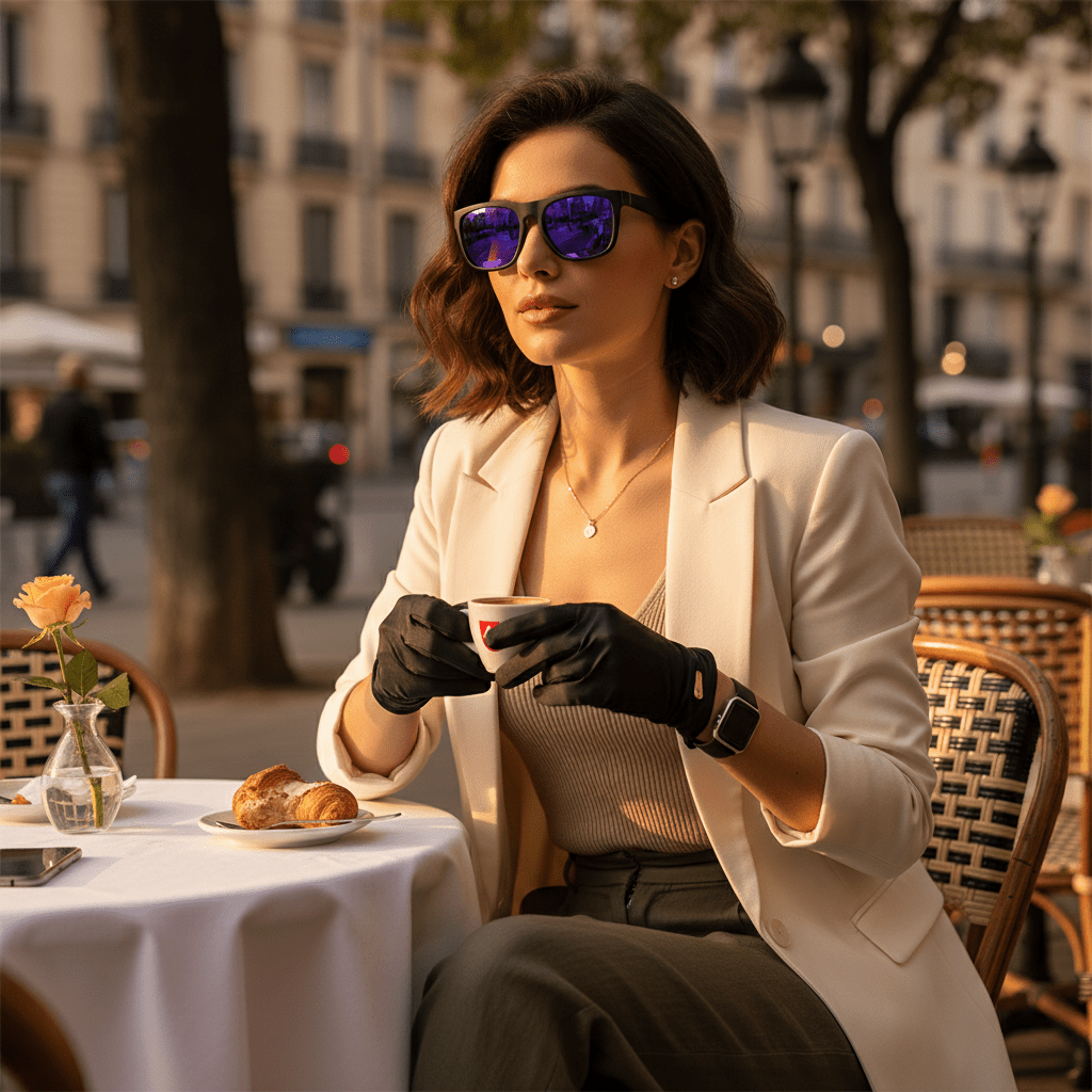 Femme portant les lunettes ÉclipseX Mauve – style carré audacieux, verres mauve miroir, look chic, Aura Vision