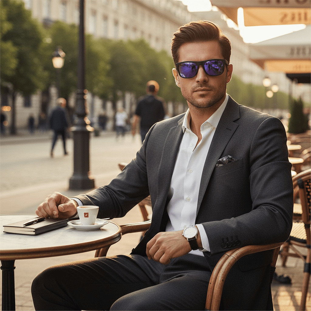 Homme portant les lunettes ÉclipseX Mauve – verres polarisés mauve, style carré élégant, Aura Vision Canada
