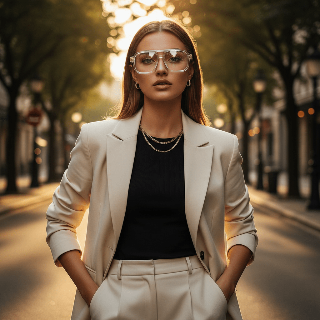 Femme portant lunettes Optiva Transparent – carré oversize tendance, monture cristal dorée, look chic, Aura Vision