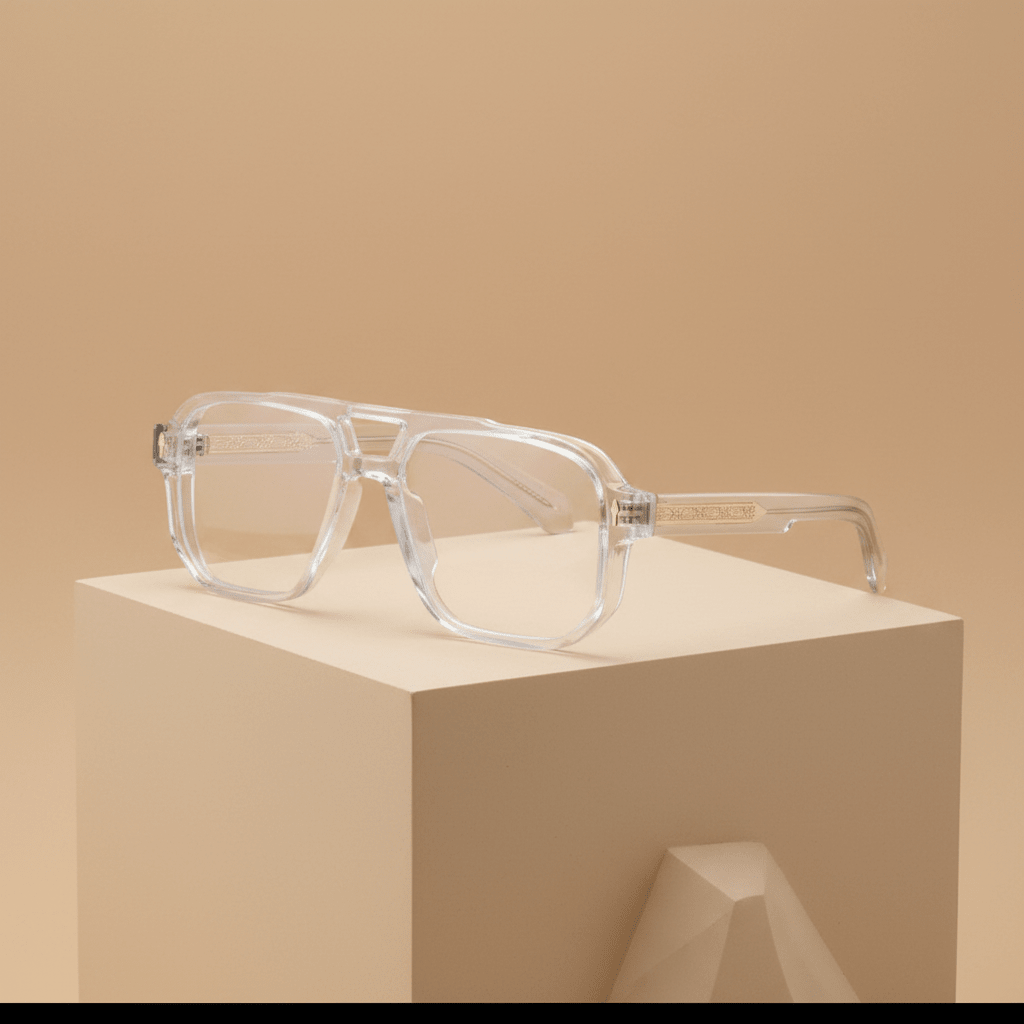 Lunettes Optiva Transparent – monture cristal, branches dorées, verres TAC dégradés UV400, carré oversize, Aura Vision