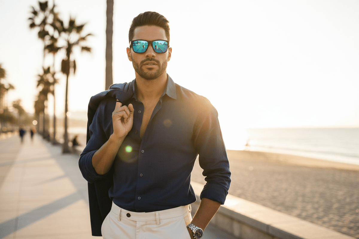 Homme portant les lunettes SunRetro Bleu Miroir – style sport casual plein air, verres miroir UV400, Aura Vision Canada