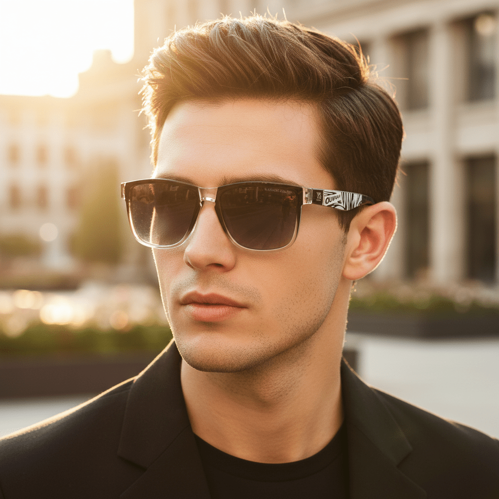 Homme portant les lunettes de soleil SunRetro Gray – style rétro carré, look casual urbain chic, Aura Vision