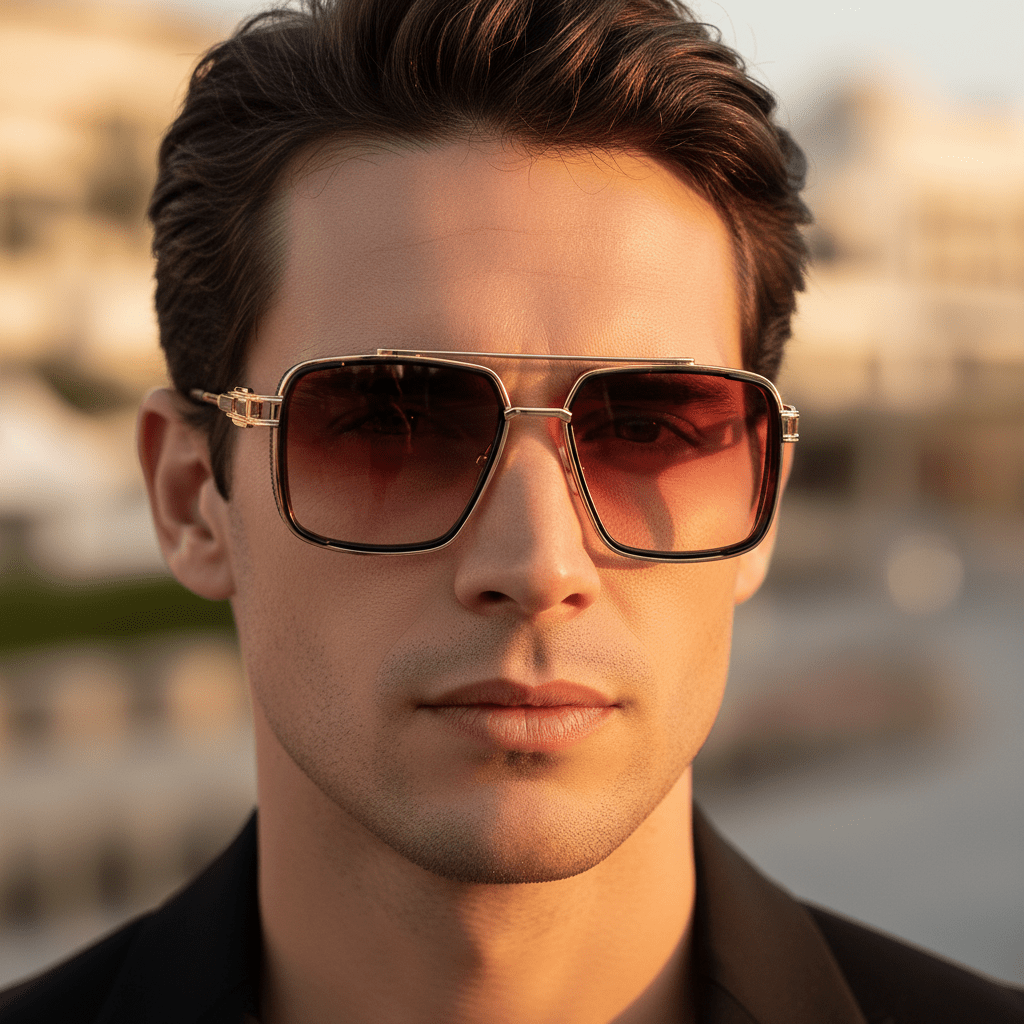 Homme portant les lunettes NaturaSol Red Gold – style aviateur vintage chic, verres UV400, look audacieux, Aura Vision