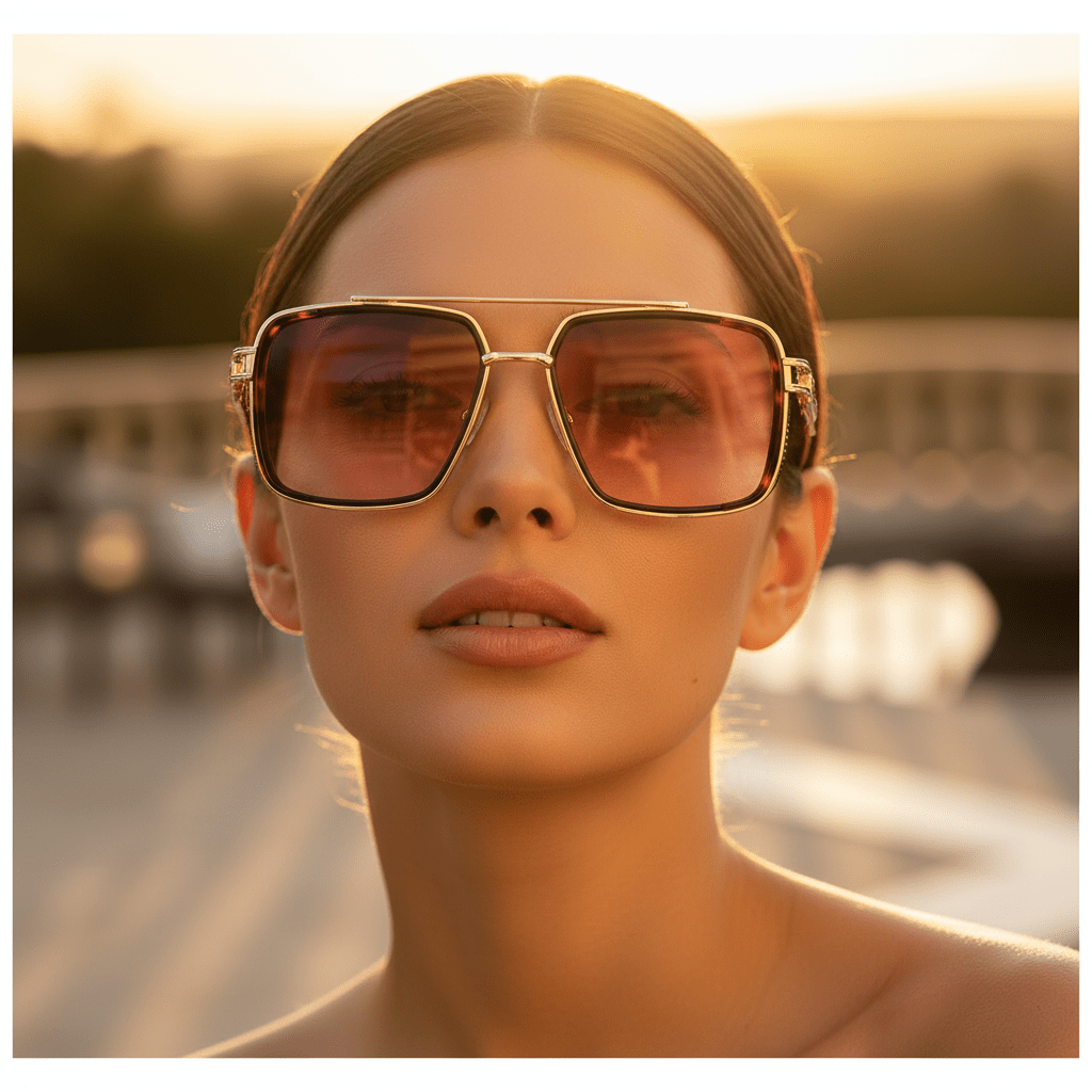 Femme portant les lunettes NaturaSol Red Gold – style aviateur vintage chic, verres UV400, look audacieux, Aura Vision